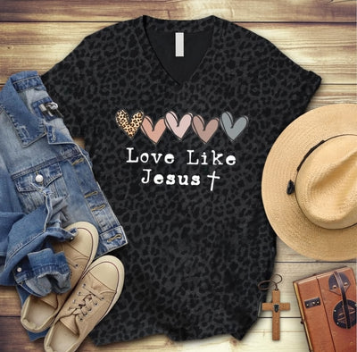 Love Like Jesus Hearts Leopard Print Christian Tee