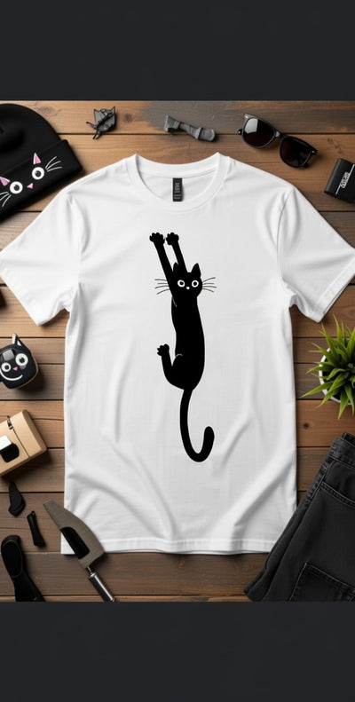 Hanging Black Cat Funny T-Shirt | Playful Feline Lover Tee