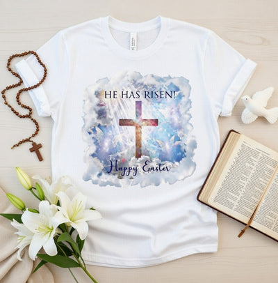 He Has Risen! Easter Cross Clouds & Doves DTF T-Shirt