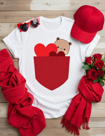 Cute Bear & Hearts Pocket DTF T-Shirt | Valentine's Day Love