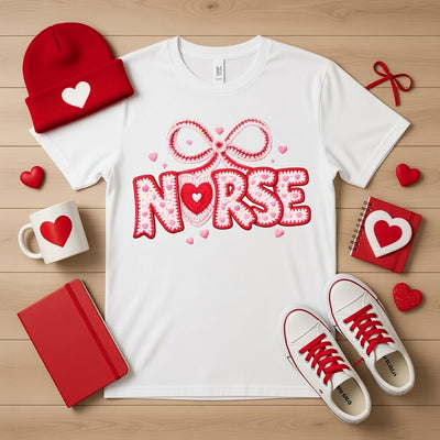 Sweet Nurse Heart Bow Valentine DTF T-Shirt for Healthcare Heroes