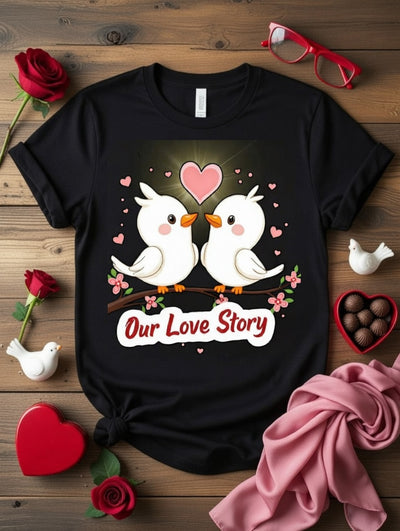 Our Love Story Birds T-Shirt | Romantic Couple DTF Print
