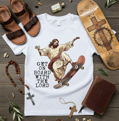 Skateboarding Jesus Get On Board Tee
