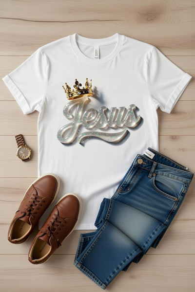 Glitter Jesus with Golden Crown DTF T-Shirt | Faith-Inspired Tee