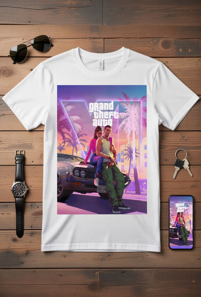 GTA VI Style Vice City Sunset Embrace Graphic Tee