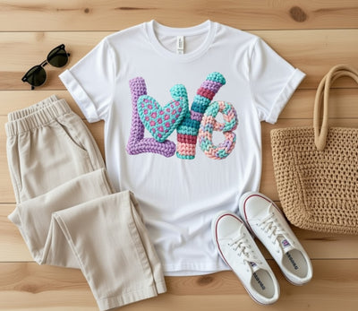 Crochet Knit Love Letters DTF T-Shirt | Pastel Yarn Design