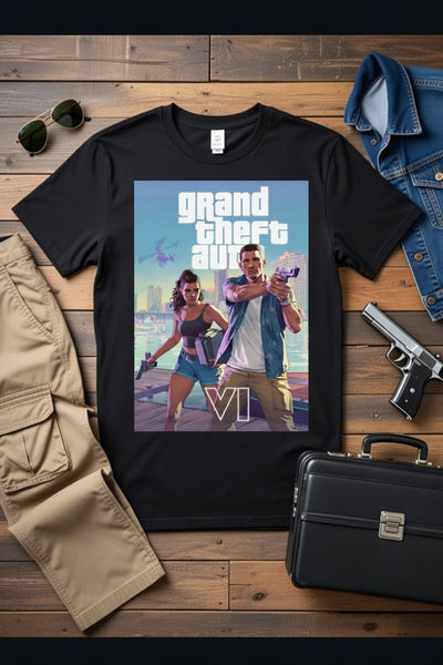 GTA 6 Lucia & Jason Poster Art DTF T-Shirt | Video Game Fan Apparel