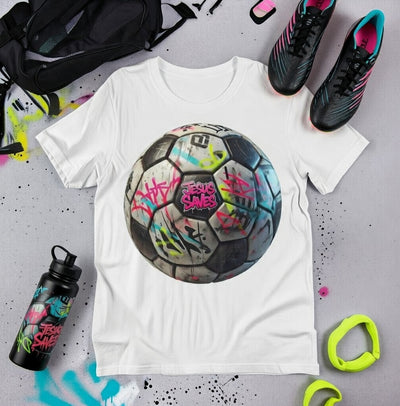Jesus Saves Graffiti Soccer Ball DTF T-Shirt - Faith & Sport