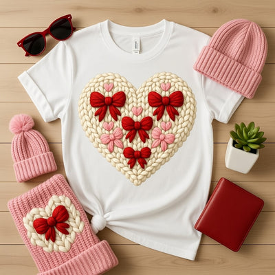 Charming Knitted Heart & Bows T-Shirt - Valentine's Day Style