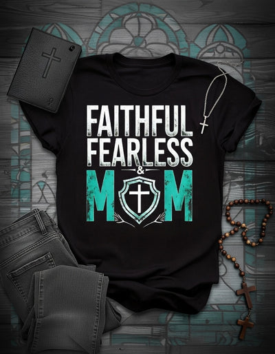 Faithful Fearless Mom Christian Cross Shield DTF T-Shirt