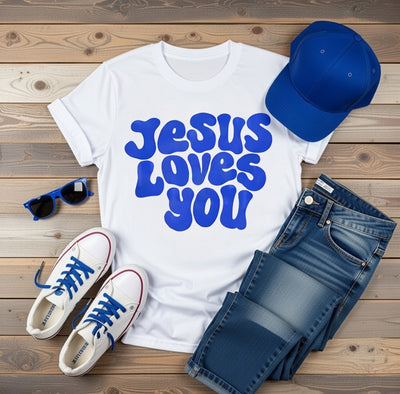 Jesus Loves You Bubbly Blue DTF T-Shirt - Christian Faith Tee