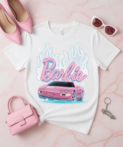 Barbiecore Pink Car & Flames DTF Graphic T-Shirt