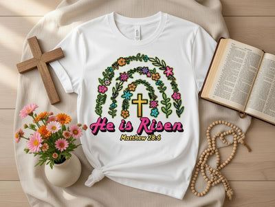 He Is Risen Floral Cross Easter DTF T-Shirt - Matthew 28:6