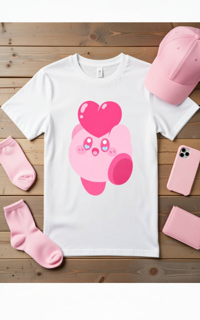 Adorable Pink Heart Character DTF Tee - Kawaii Love Design