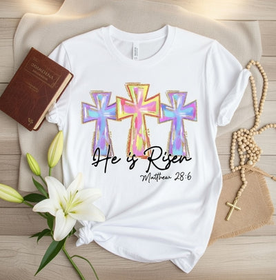 Vibrant "He is Risen" Easter Crosses T-Shirt Matthew 28:6