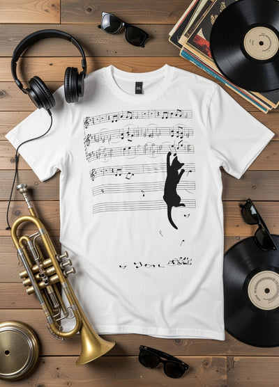 Playful Black Cat & Sheet Music Tee - Unique Music Lover Gift
