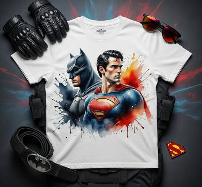 Batman & Superman Dynamic Duo Watercolor Splash DTF Tee
