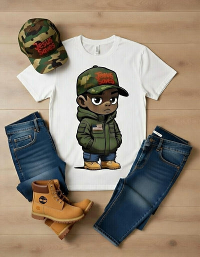 Jesus Saves Camo Boy Tee - Patriotic Faith Urban Style T-Shirt