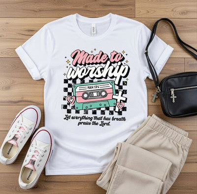 Made to Worship Retro Cassette Christian Faith Tee