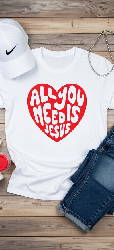 "All You Needs Jesus" Red Heart DTF T-Shirt - Christian Faith | Starting at $4.99