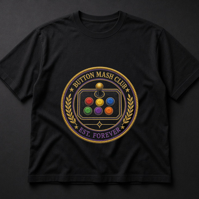 Button Mash Club Tee — Arcade Stick Crest