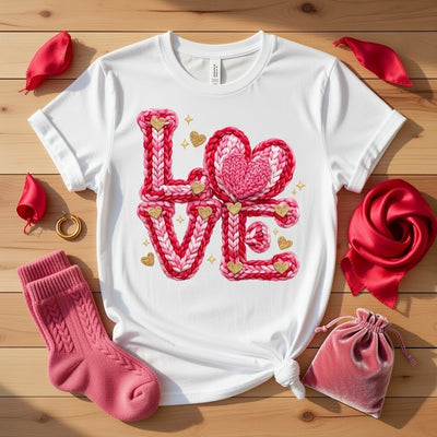 Cozy Knitted LOVE T-Shirt - Pink & Red Hearts & Sparkles Tee