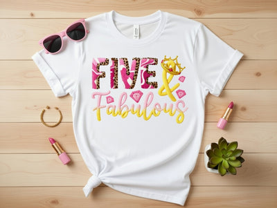Five & Fabulous Crown 5th Birthday DTF Tee