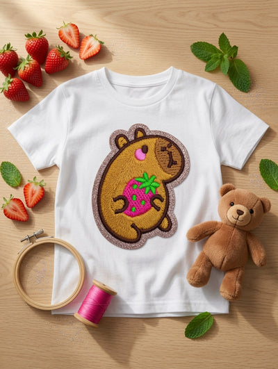 "Kawaii Capybara Holding Strawberry" Embroidered Style Tee