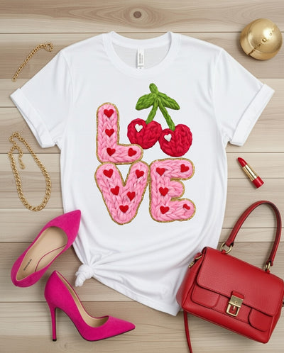 Knitted Love & Cherries T-Shirt | Sweet Valentine's Day Design