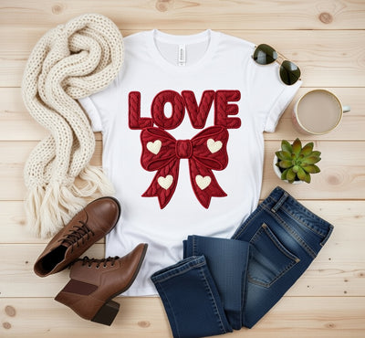 Cozy Cable Knit "LOVE" with Heart Bow DTF T-Shirt