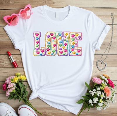 Colorful Hearts 'LOVE' DTF T-Shirt - Sweet & Vibrant