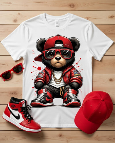 Street Style Bear DTF T-Shirt | Red Kicks & Bomber Jacket