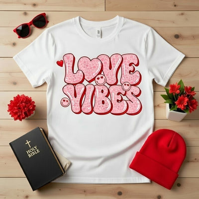 Love Vibes Bubbly Pink Hearts & Smileys DTF T-Shirt