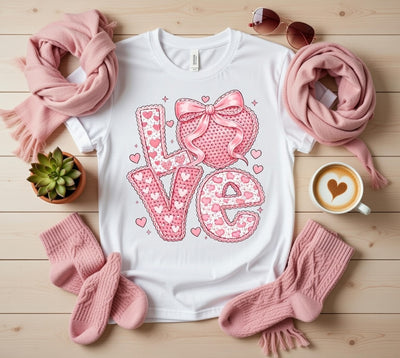 Sweet Knitted Pink LOVE Hearts T-Shirt - Valentine's Day DTF Tee