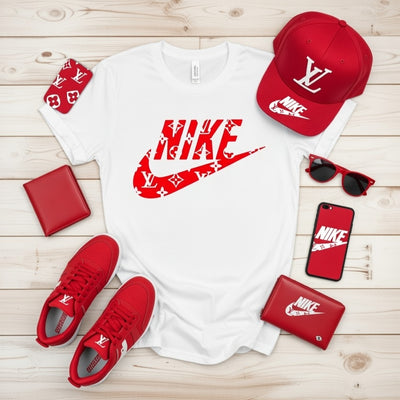 Red LV Monogram Nike Swoosh Style DTF T-Shirt