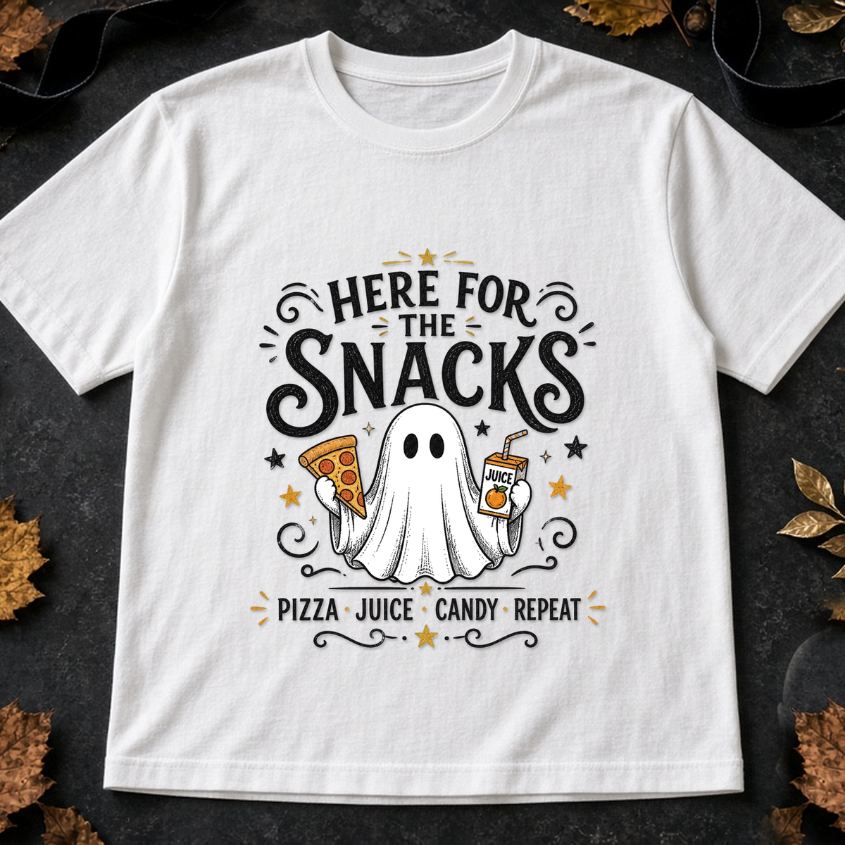 Here for the Snacks Tee, Midnight Snack Ghost Halloween Shirt - white ad mockup
