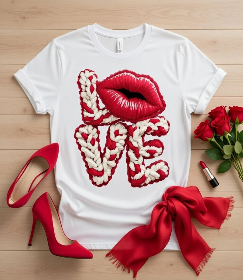 Knitted Love & Lips Graphic Tee - Romantic Valentine Design