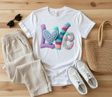 Crochet Knit Love Letters DTF T-Shirt | Pastel Yarn Design