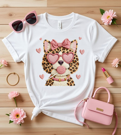 Sweetheart Leopard Kitty: Pink Hearts & Lollipop DTF Tee