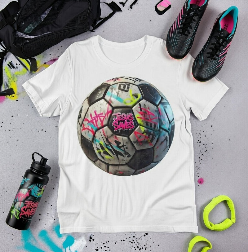Jesus Saves Graffiti Soccer Ball DTF T-Shirt - Faith & Sport