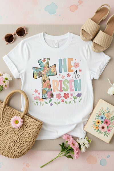 He Is Risen Floral Cross Easter Tee - Vibrant Christian Faith Shirt