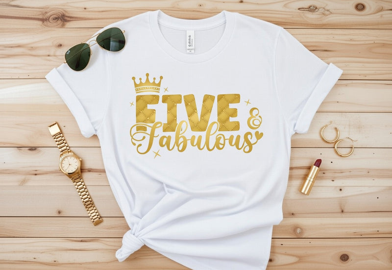 Five & Fabulous 5th Birthday Gold Crown DTF T-Shirt