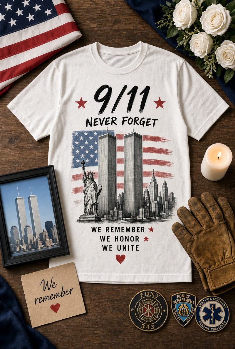 "9/11 Never Forget" We Remember We Honor We Unite Tee
