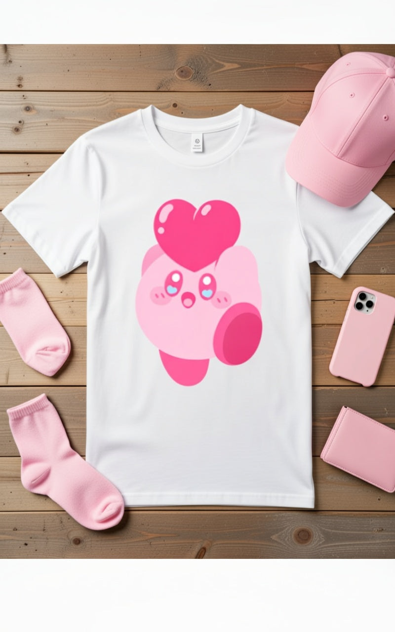 Adorable Pink Heart Character DTF Tee - Kawaii Love Design