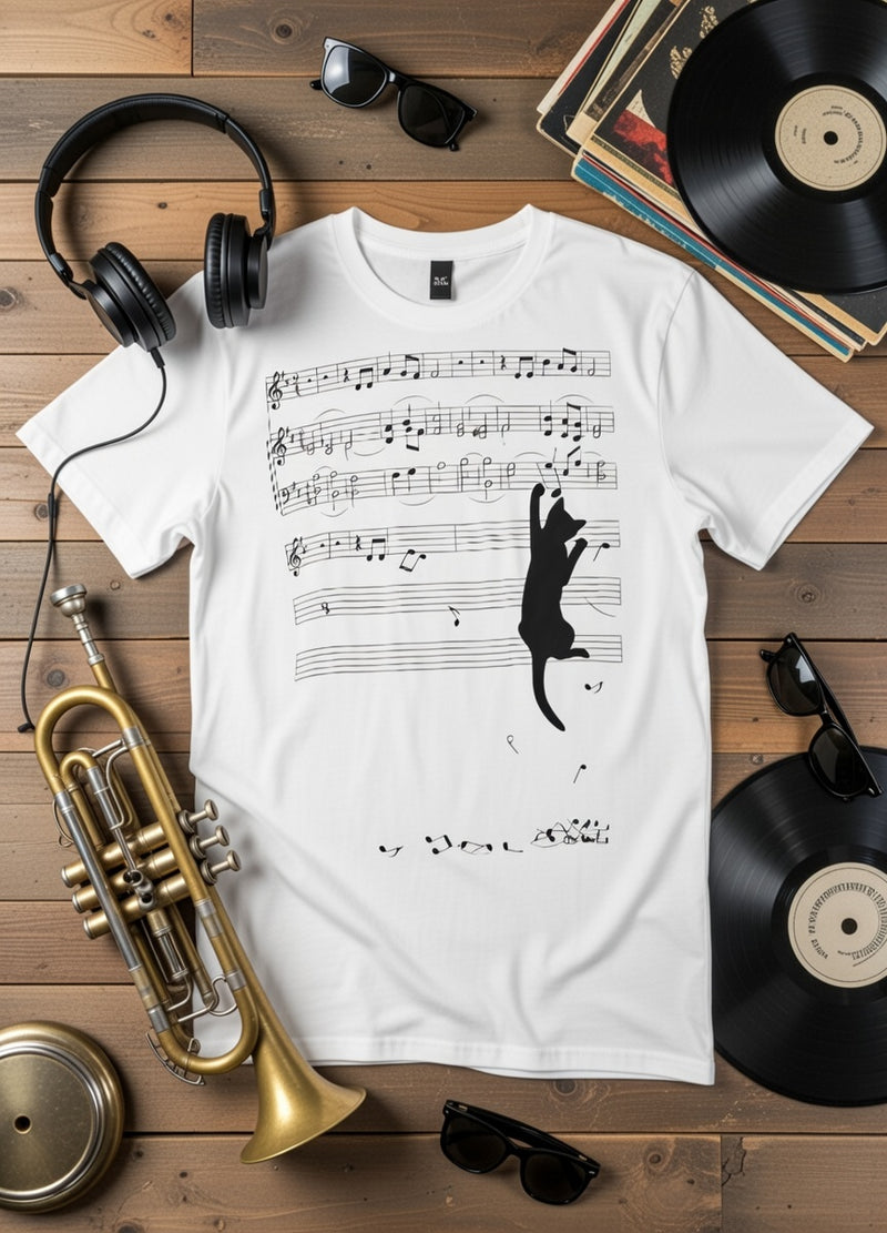 Playful Black Cat & Sheet Music Tee - Unique Music Lover Gift