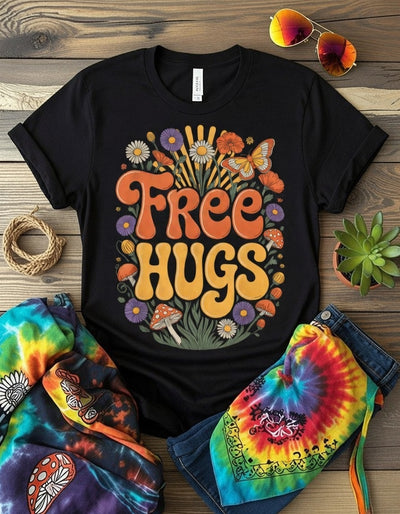 Retro Free Hugs T-Shirt with 70s Floral & Mushroom Design