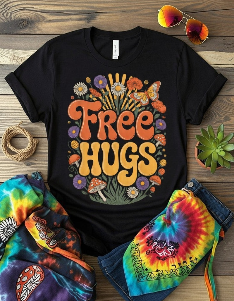 Retro Free Hugs T-Shirt with 70s Floral & Mushroom Design