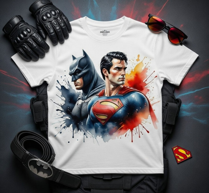 Batman & Superman Dynamic Duo Watercolor Splash DTF Tee