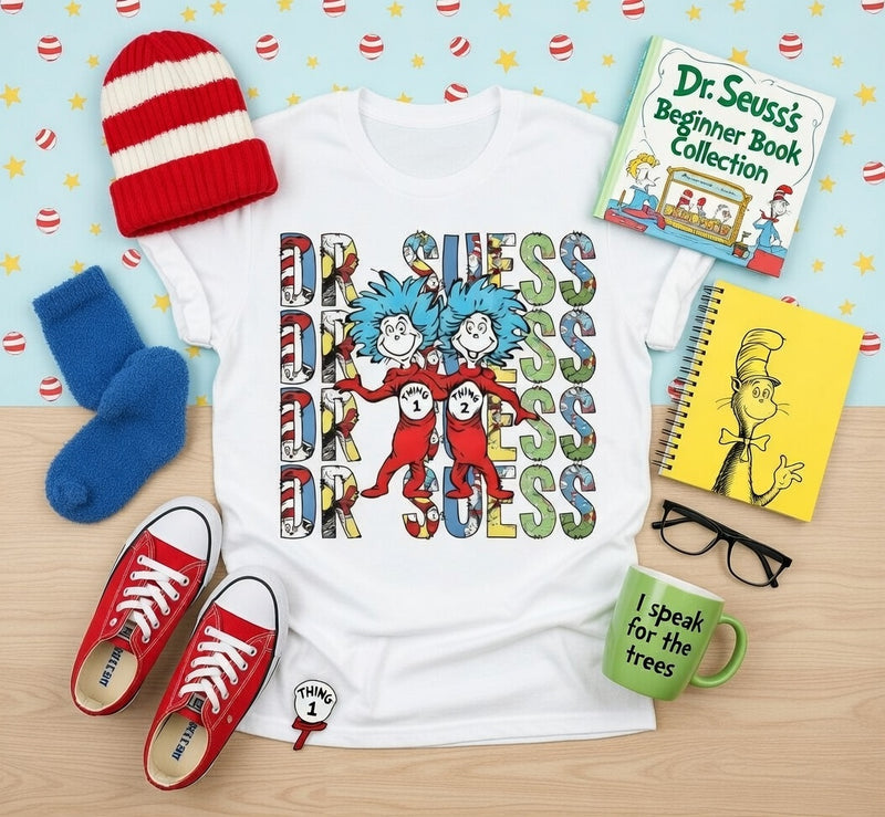 Dr. Suess Thing 1 & 2 Stacked Whimsical DTF T-Shirt