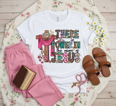 Power In The Name Of Jesus Floral Cross DTF Tee